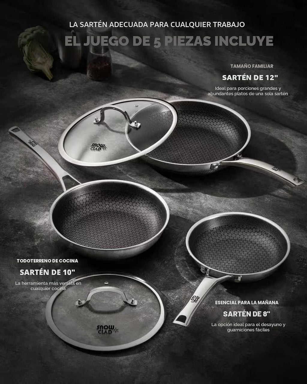 Juego de sartenes antiadherentes, 8+10+12 pulgadas con tapas, juego...