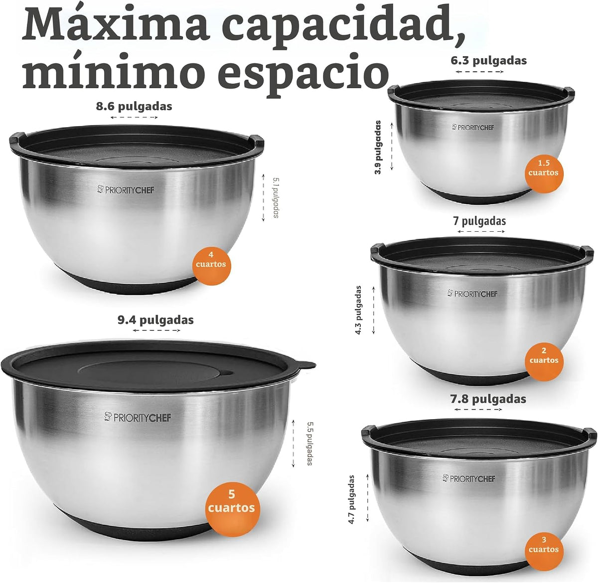 Priority Chef Juego de tazones para mezclar de acero inoxidable con...