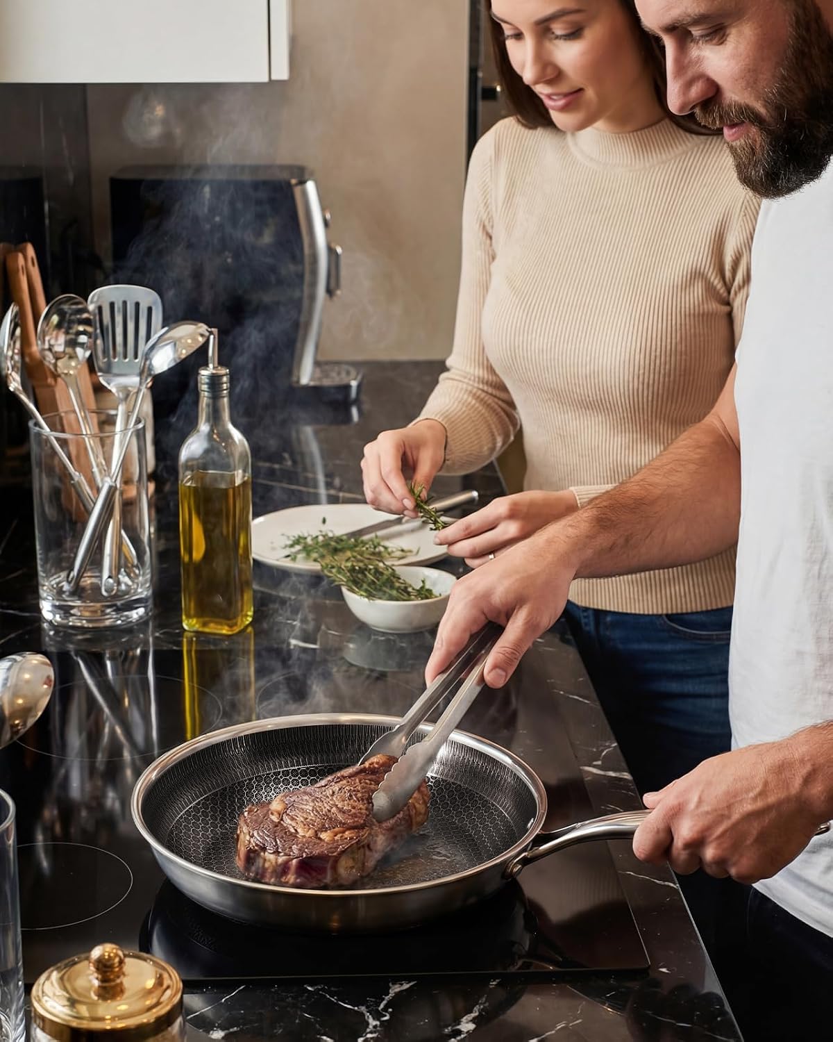 USELUCK Sartenes híbridos antiadherentes con tapa de vidrio, sartén...