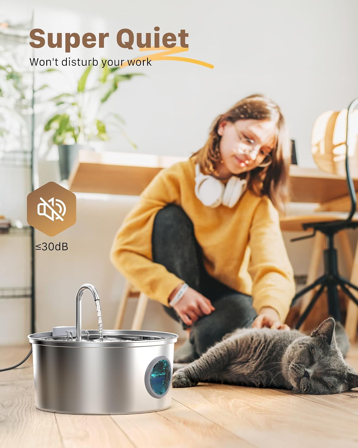 Fuente de agua para gatos de acero inoxidable - Fuente de agua de 1...