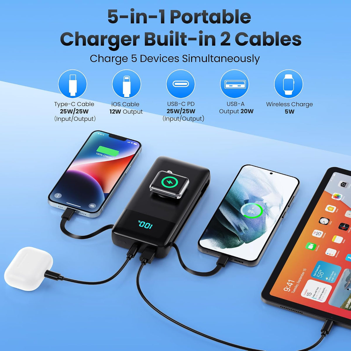 Cargador portátil de 40800 mAh para iPhone con cable integrado y ca...