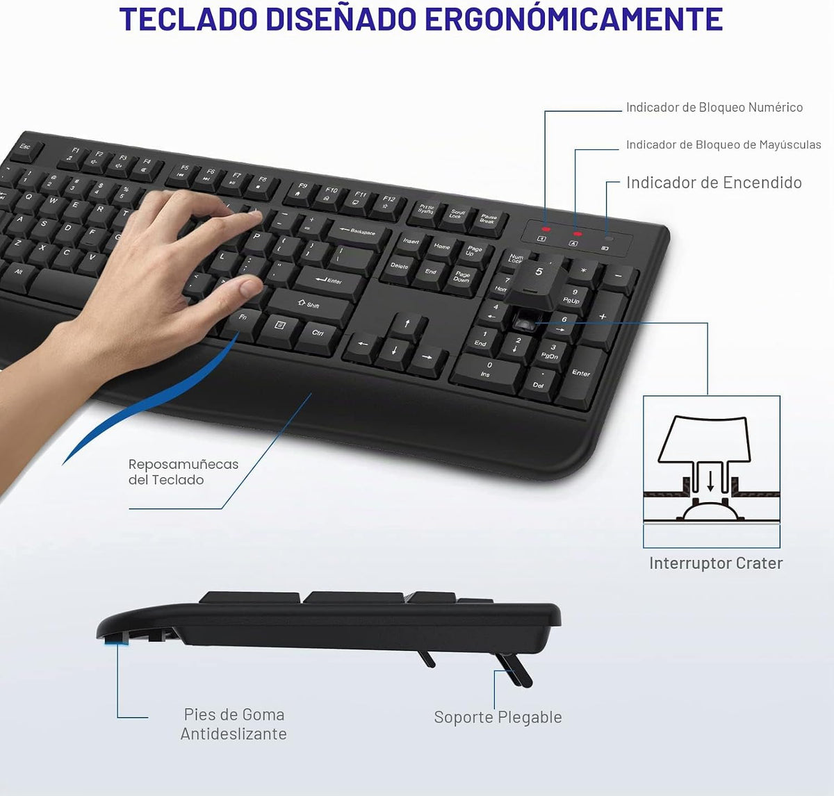 QUASIO Teclado Inalámbrico, Teclado Inalámbrico Ergonómico de Tamañ...