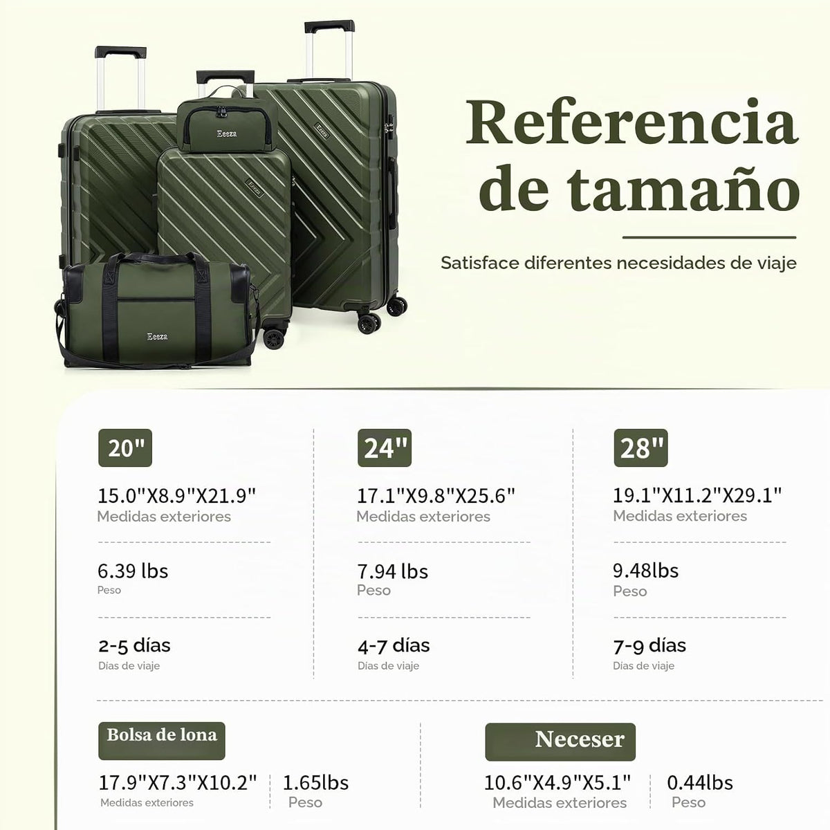 Eeeza Juego de equipaje de 5 piezas, maletas con ruedas, maleta ríg...