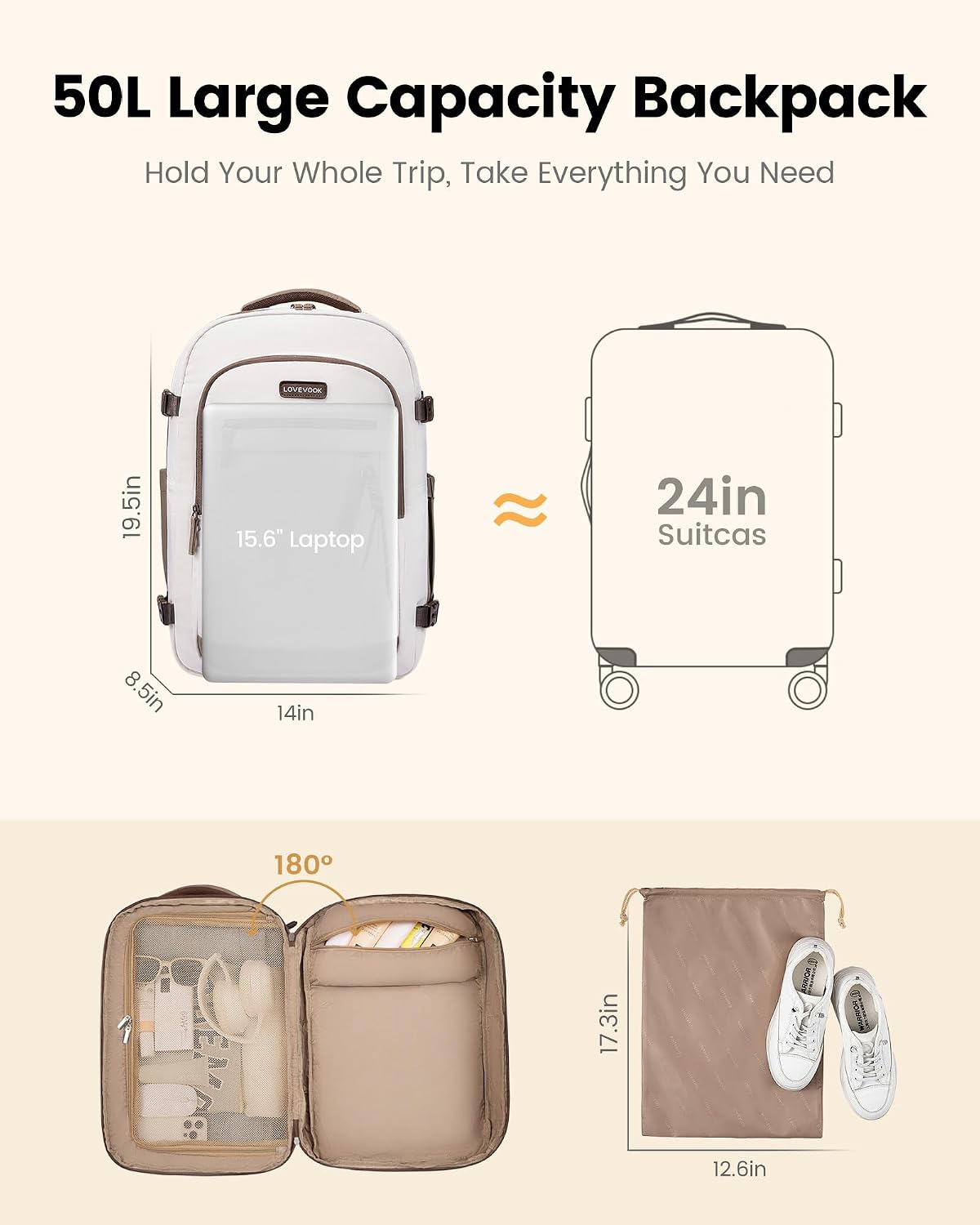 LOVEVOOK Mochila de viaje de 50 litros para mujer, equipaje de mano...