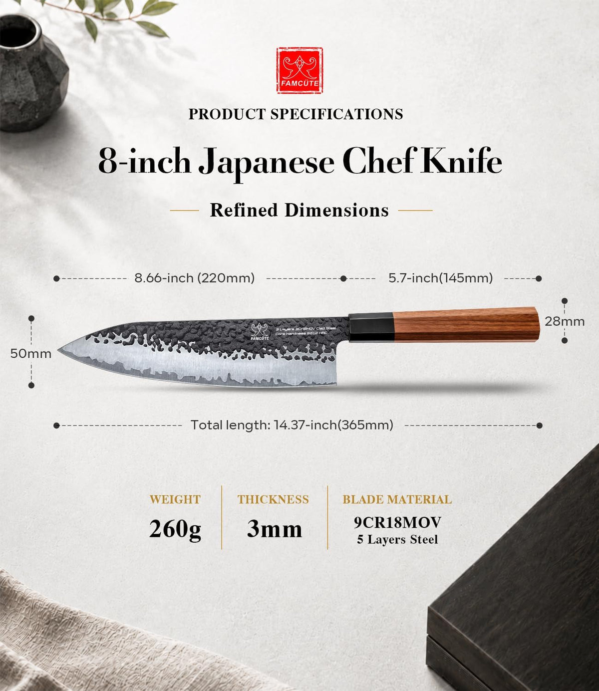 FAMCÜTE Cuchillo japonés de 8 pulgadas, cuchillo de chef profesiona...