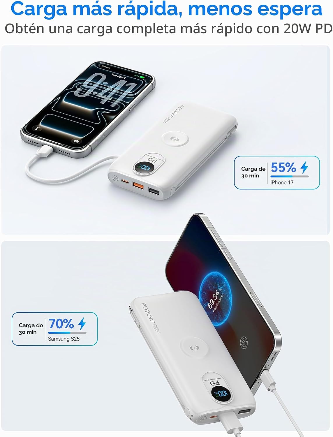 Cargador portátil Power Bank 10000mAh PD20W con cables incorporados...