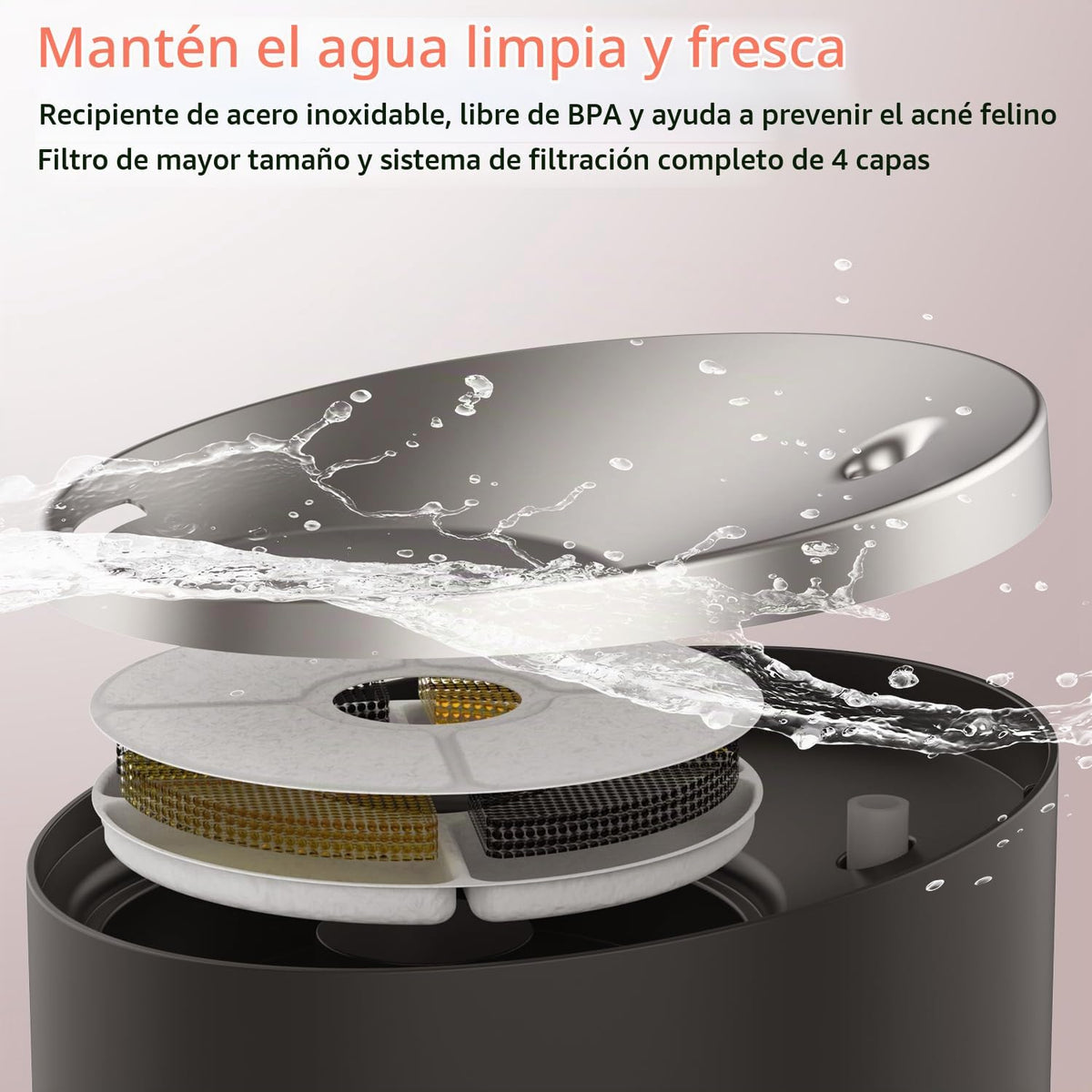 beQ Fuente de agua para gatos, fuente automática de acero inoxidabl...