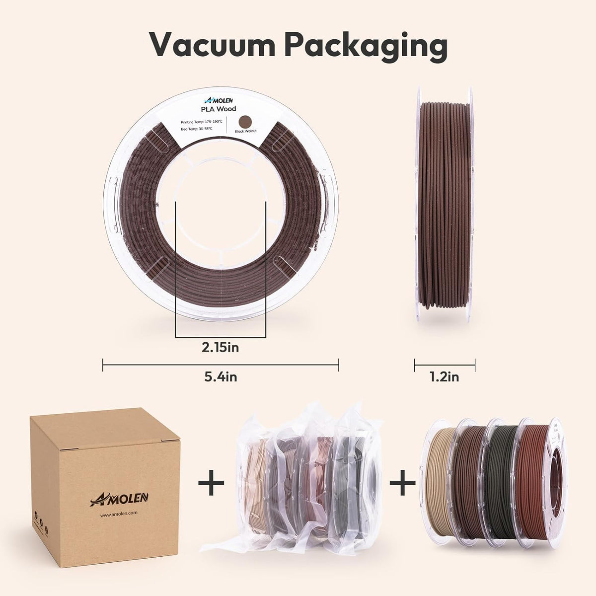 AMOLEN Filamento PLA de madera para impresora 3D de 0.07 in, paquet...