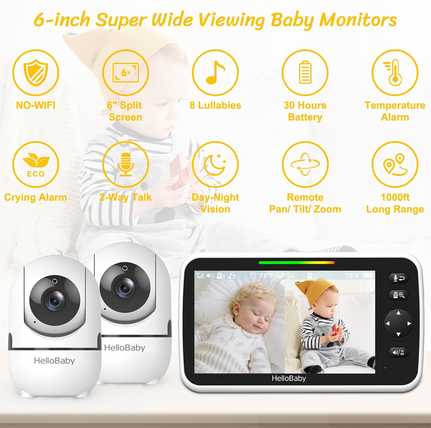 HelloBaby Monitor de bebé con 2 cámaras, pantalla dividida de 6 pul...
