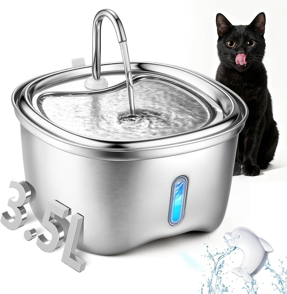 Kiwilove Fuente de agua para gatos de acero inoxidable, fuentes de...