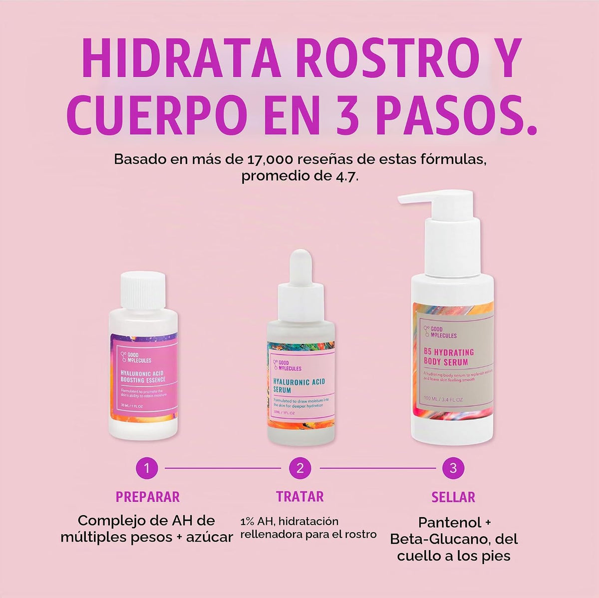 Good Molecules Set hidratante, esencia de ácido hialurónico, suero...
