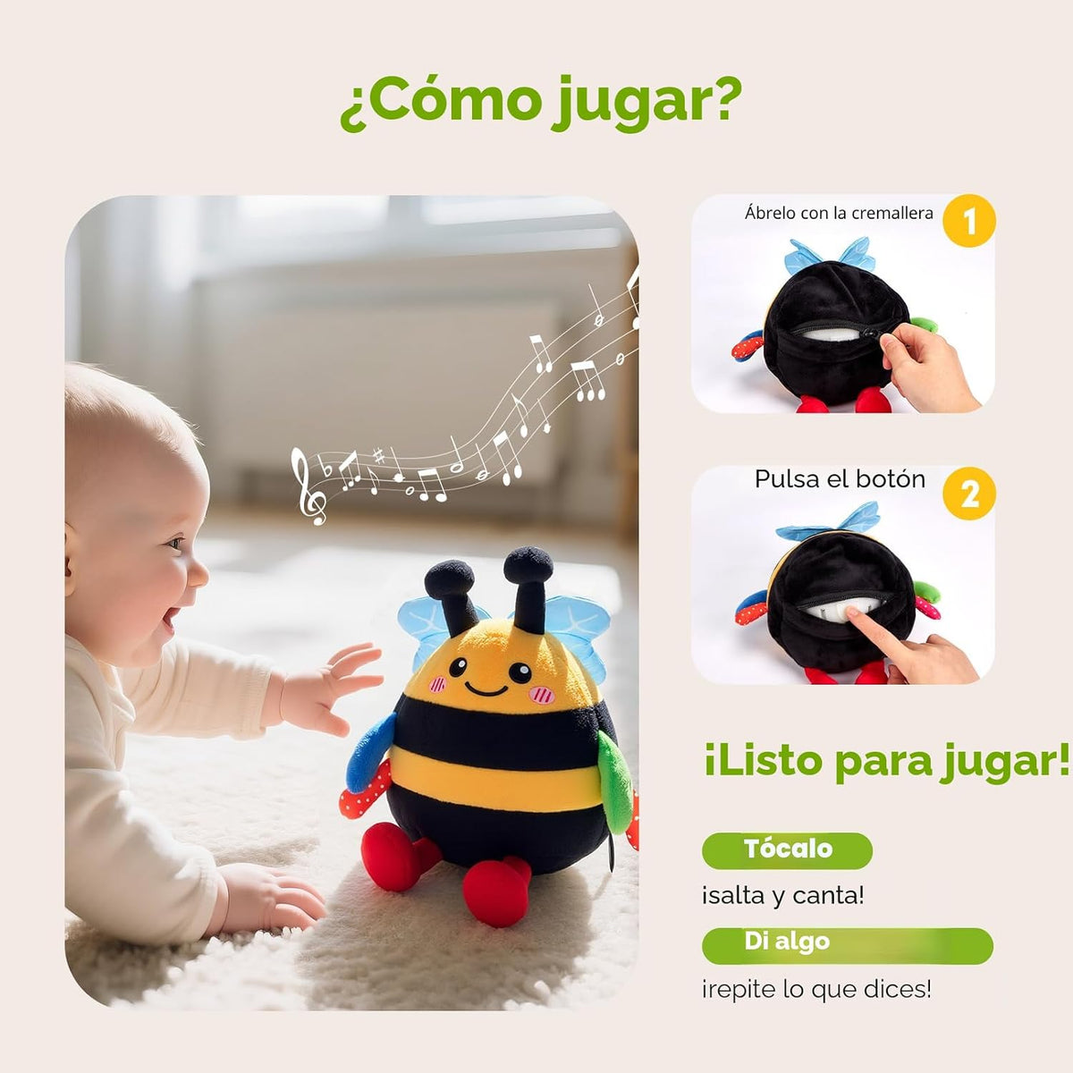 hahaland Juguete musical que rebota la abeja de la felpa que rebota...