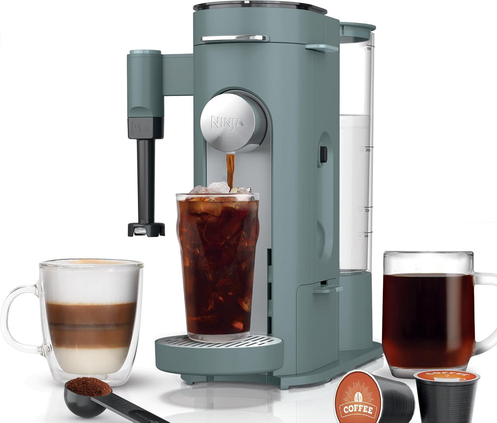 Ninja Pod & Grounds - Cafetera especializada de una sola porción, compatible con cápsulas K-Cup, prepara café molido, diseño compacto, espumador de leche incorporado, depósito de 56 oz