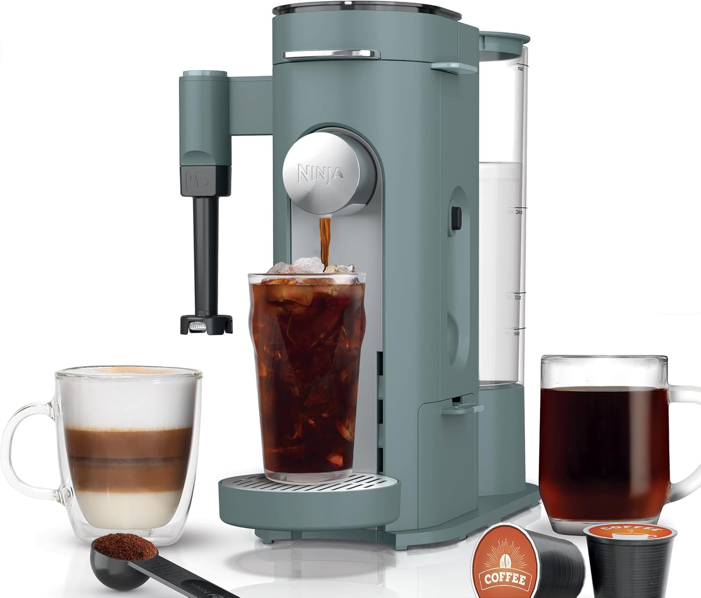 Ninja Pod & Grounds - Cafetera especializada de una sola porción, compatible con cápsulas K-Cup, prepara café molido, diseño compacto, espumador de leche incorporado, depósito de 56 oz