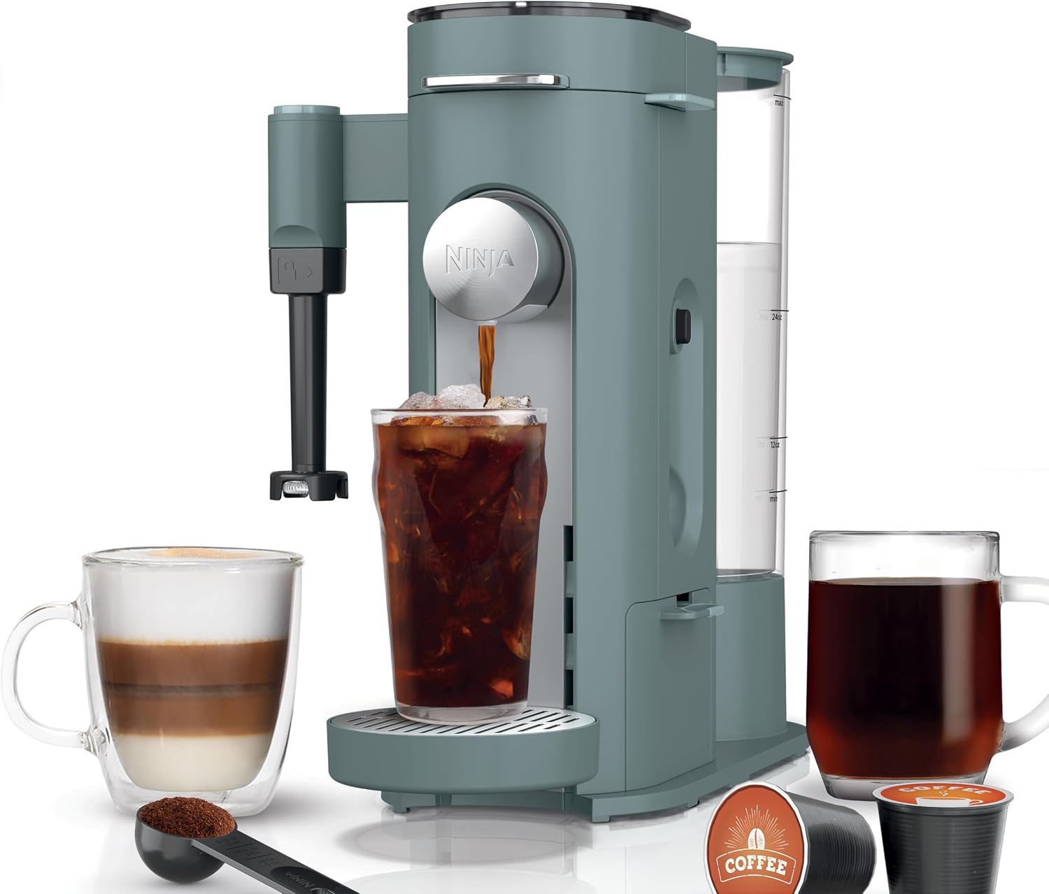 Ninja Pod & Grounds - Cafetera especializada de una sola porción, compatible con cápsulas K-Cup, prepara café molido, diseño compacto, espumador de leche incorporado, depósito de 56 oz
