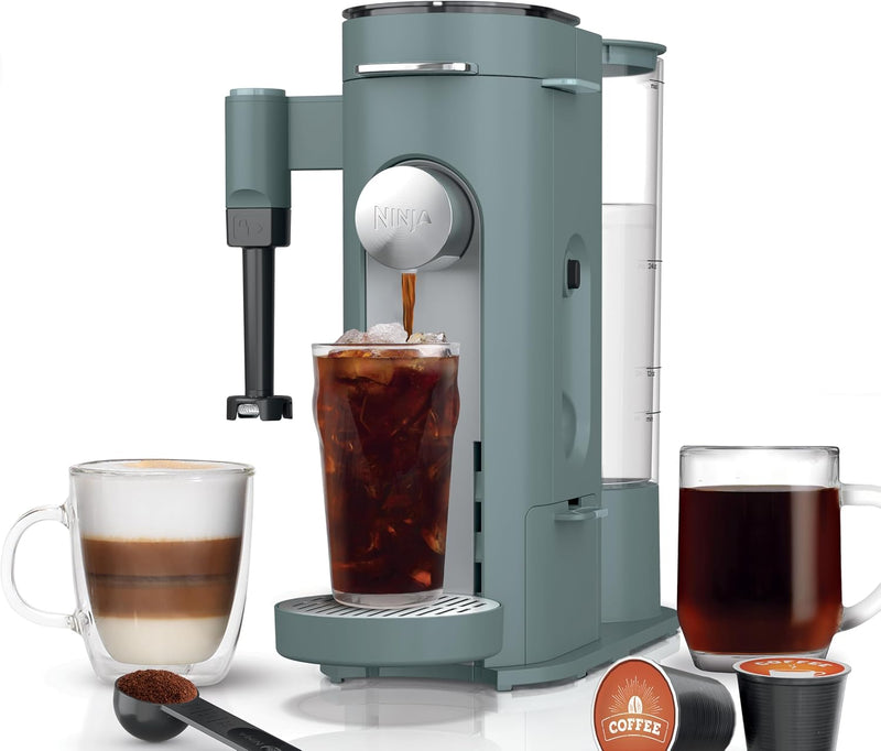 Ninja Pod & Grounds - Cafetera especializada de una sola porción, compatible con cápsulas K-Cup, prepara café molido, diseño compacto, espumador de leche incorporado, depósito de 56 oz