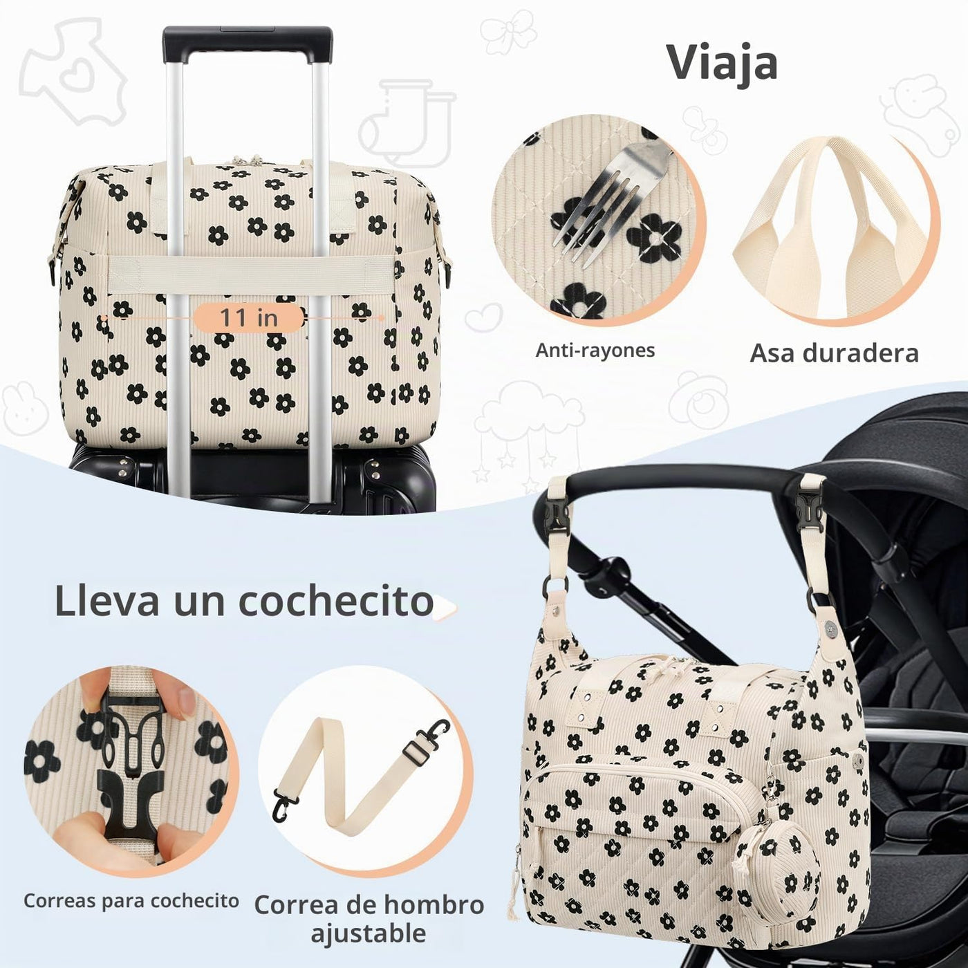 Tenot Bolsa de pañales de pana, bolsa de viaje para pañales con fun...