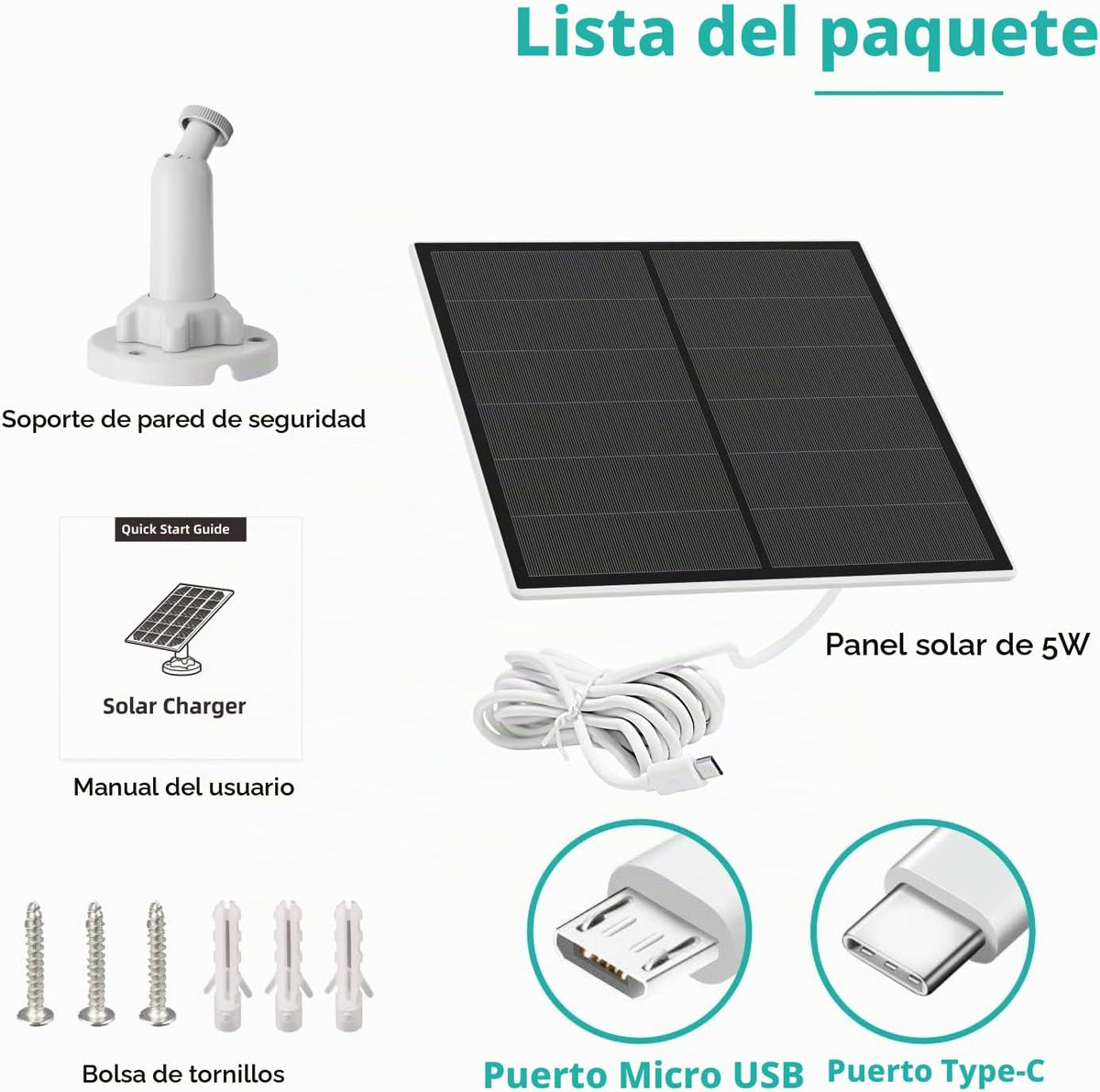 Panel solar para cámara de seguridad, panel solar USB de 5 W para c...