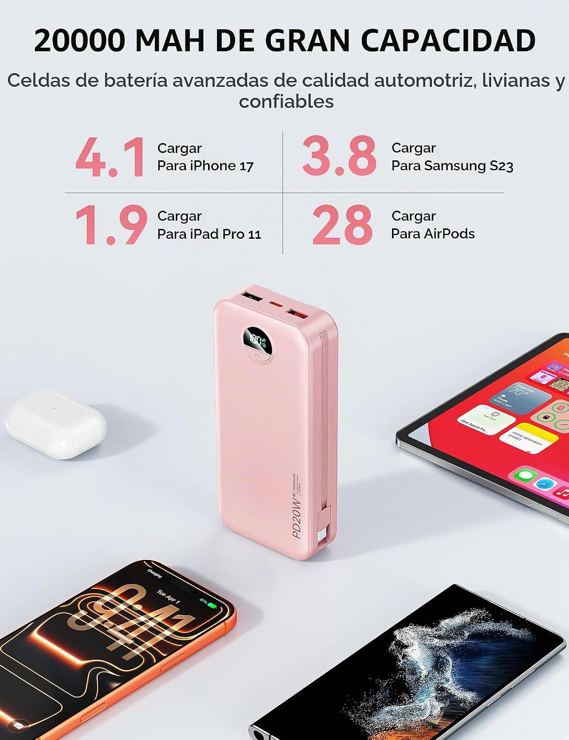 Nusyddy Cargador portátil 20000mAh de carga rápida w\/incorporado e...