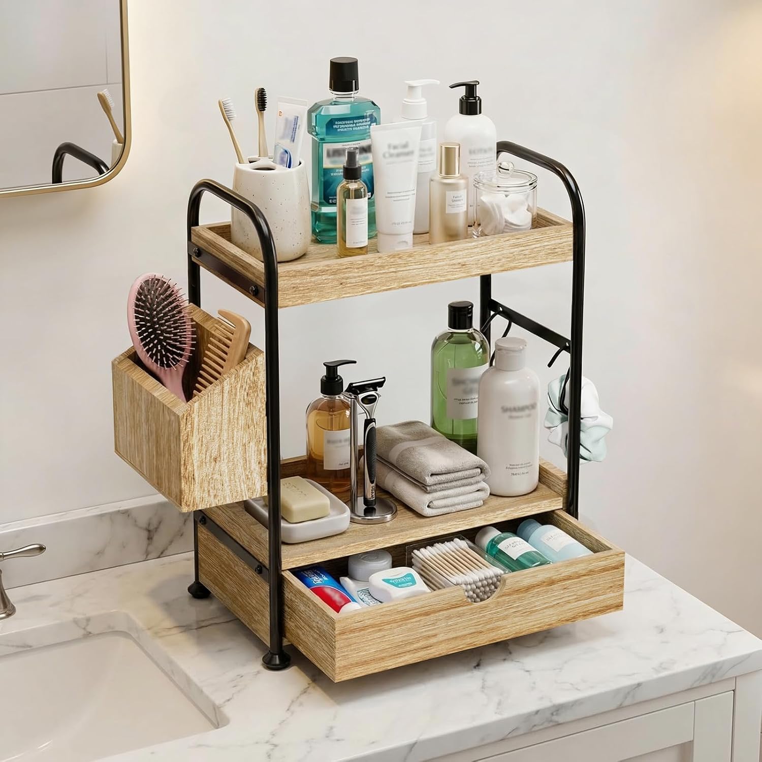 Kottwca Organizador de mostrador de baño de 2 niveles con cajón, es...