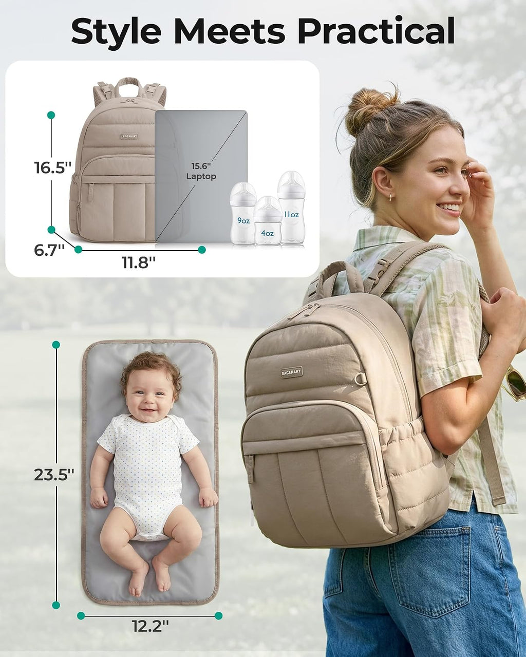 BAGSMART Mochila para pañales, bolsa de pañales hinchada con múltip...