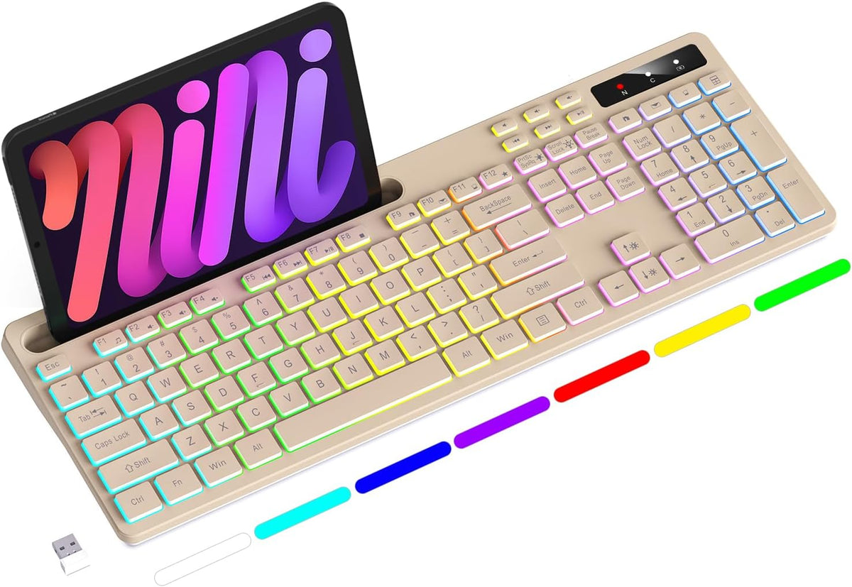 Soueto Teclado inalámbrico con retroiluminación RGB de 7 colores, t...