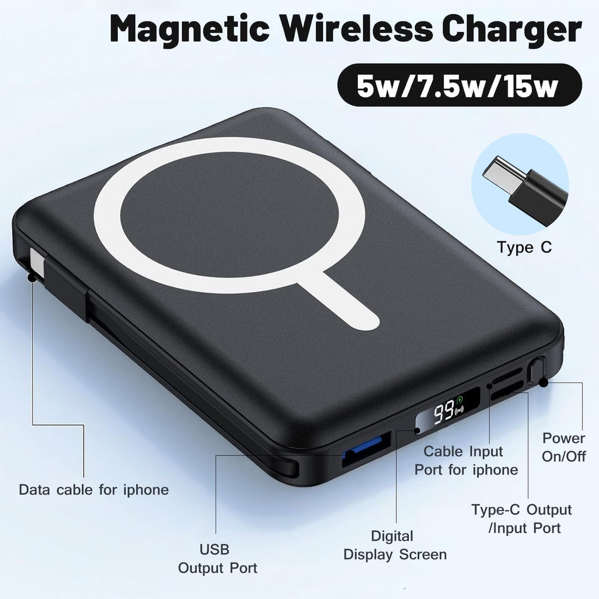 Azmuth para cargador portátil MagSafe, banco de energía magnético d...