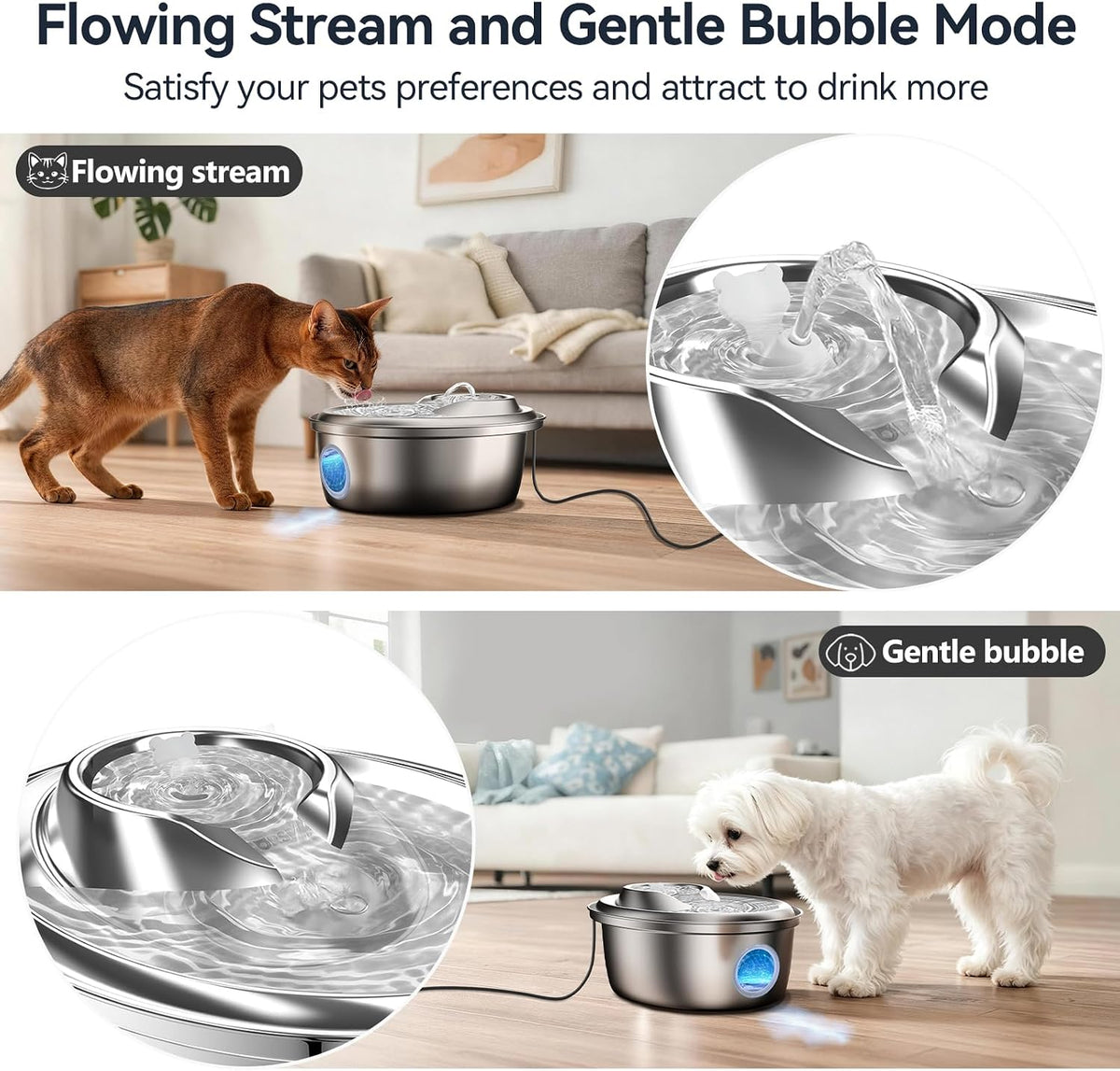 ORSDA Fuente de agua para gatos de acero inoxidable, fuente automát...