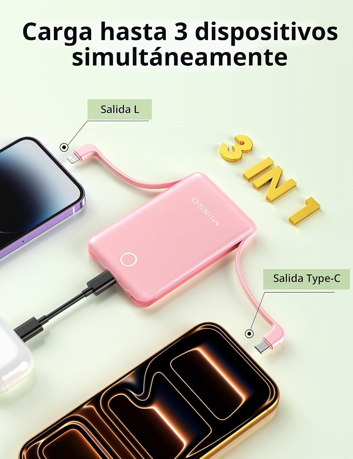 Mini cargador portátil de 10000 mAh con cable incorporado, paquete...
