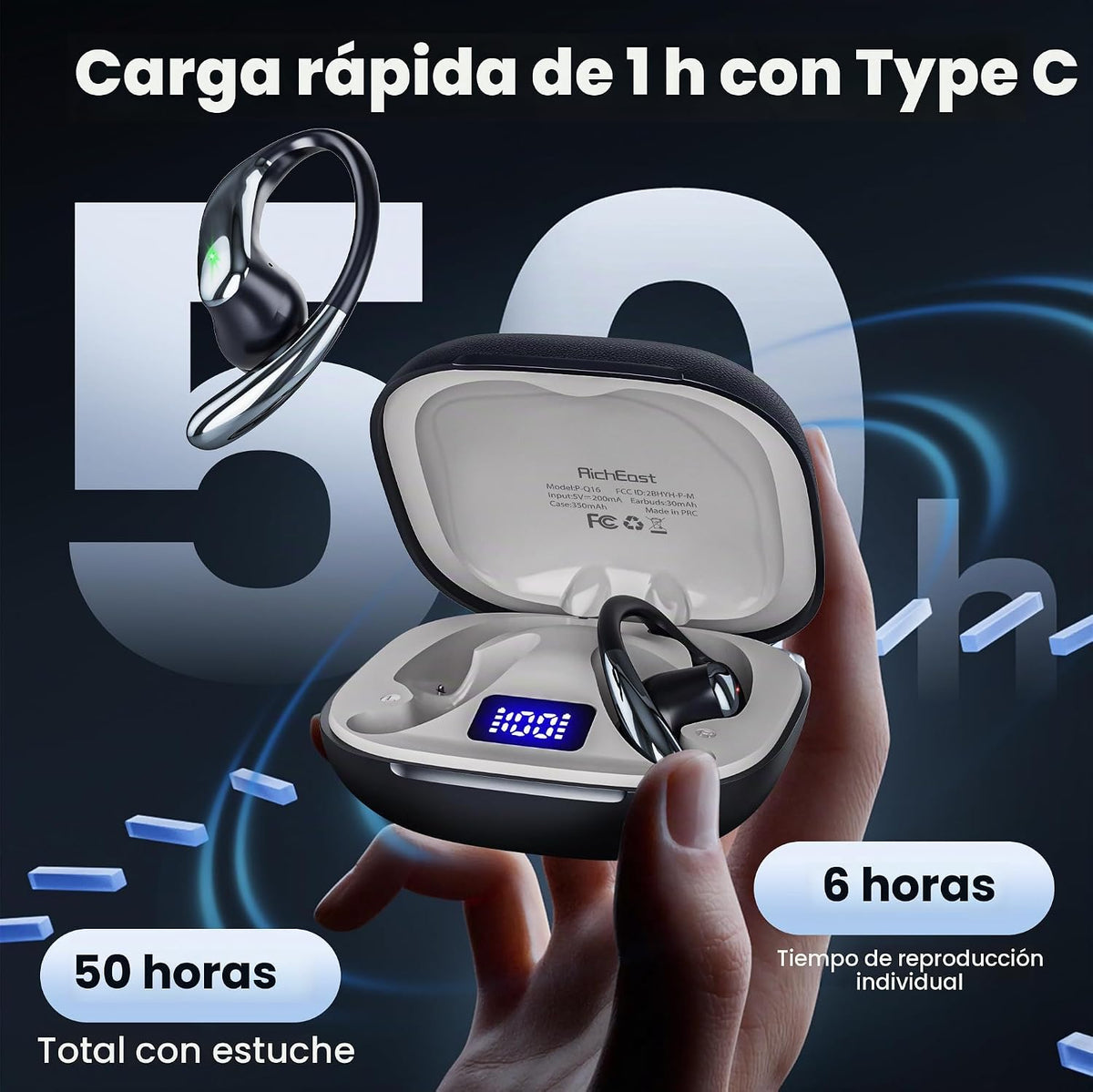 RichEast Auriculares inalámbricos Bluetooth con pantalla LED de rep...