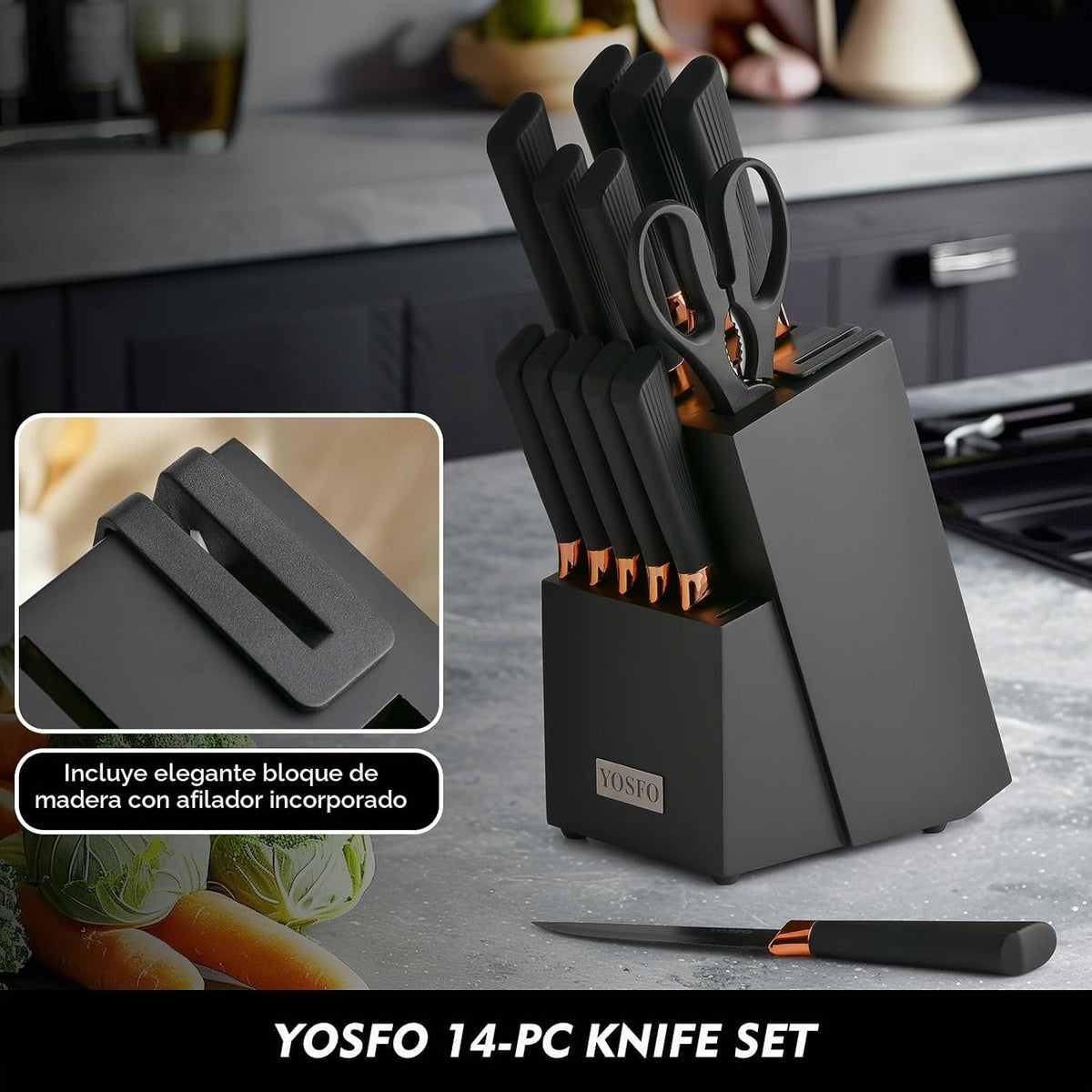YOSFO - Juego de cuchillos de cocina, 15 piezas con bloque y afilad...