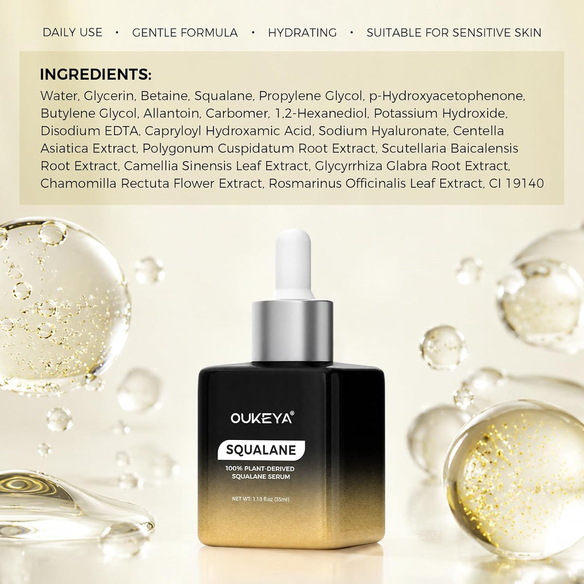 OUKYA Suero de escualano 100% derivado de plantas para rostro, 35 m...