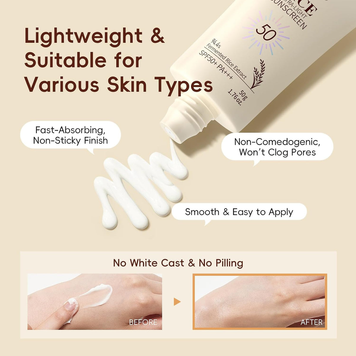 SANZHUAN Hidratante facial de arroz con SPF50+, fórmula mineral de...
