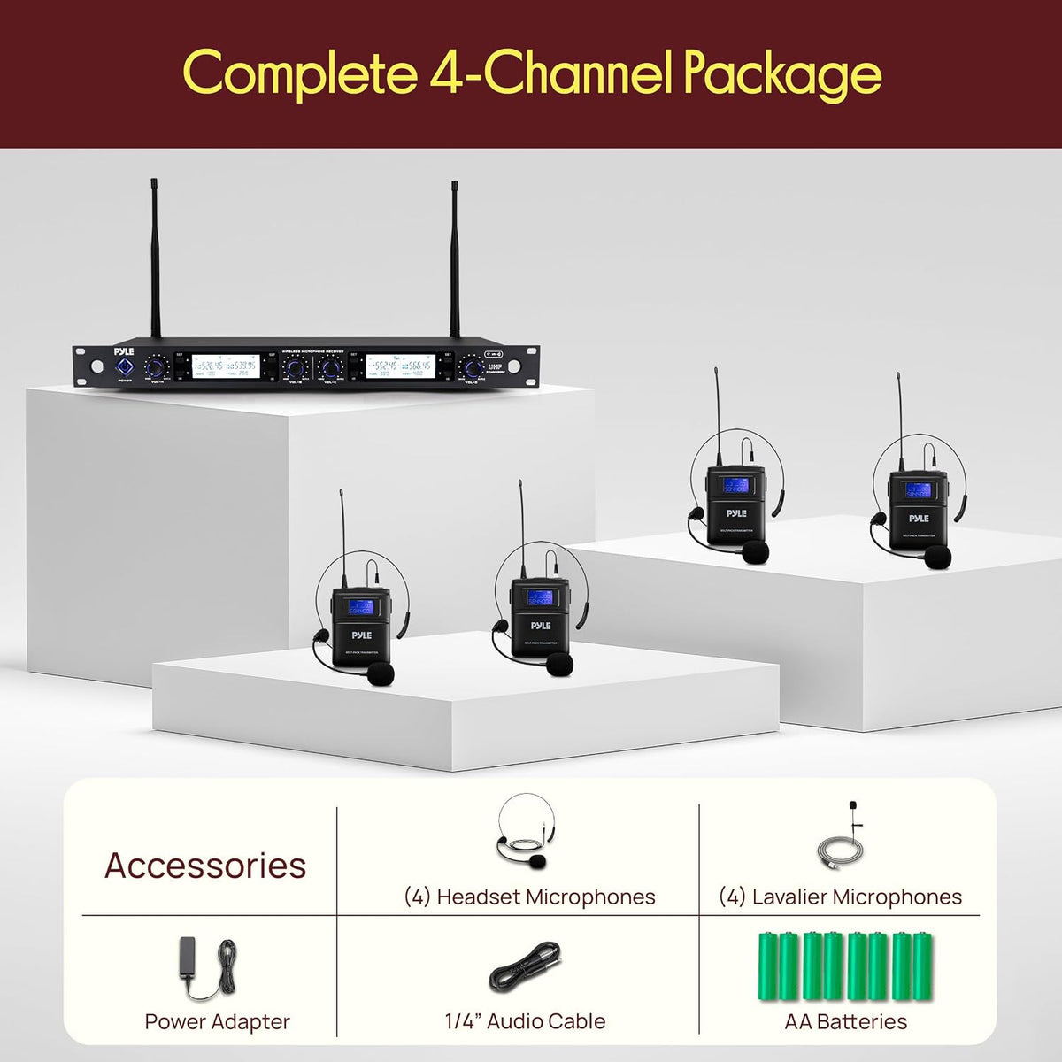 Pyle Sistema de micrófono inalámbrico UHF de 4 canales con 4 micróf...