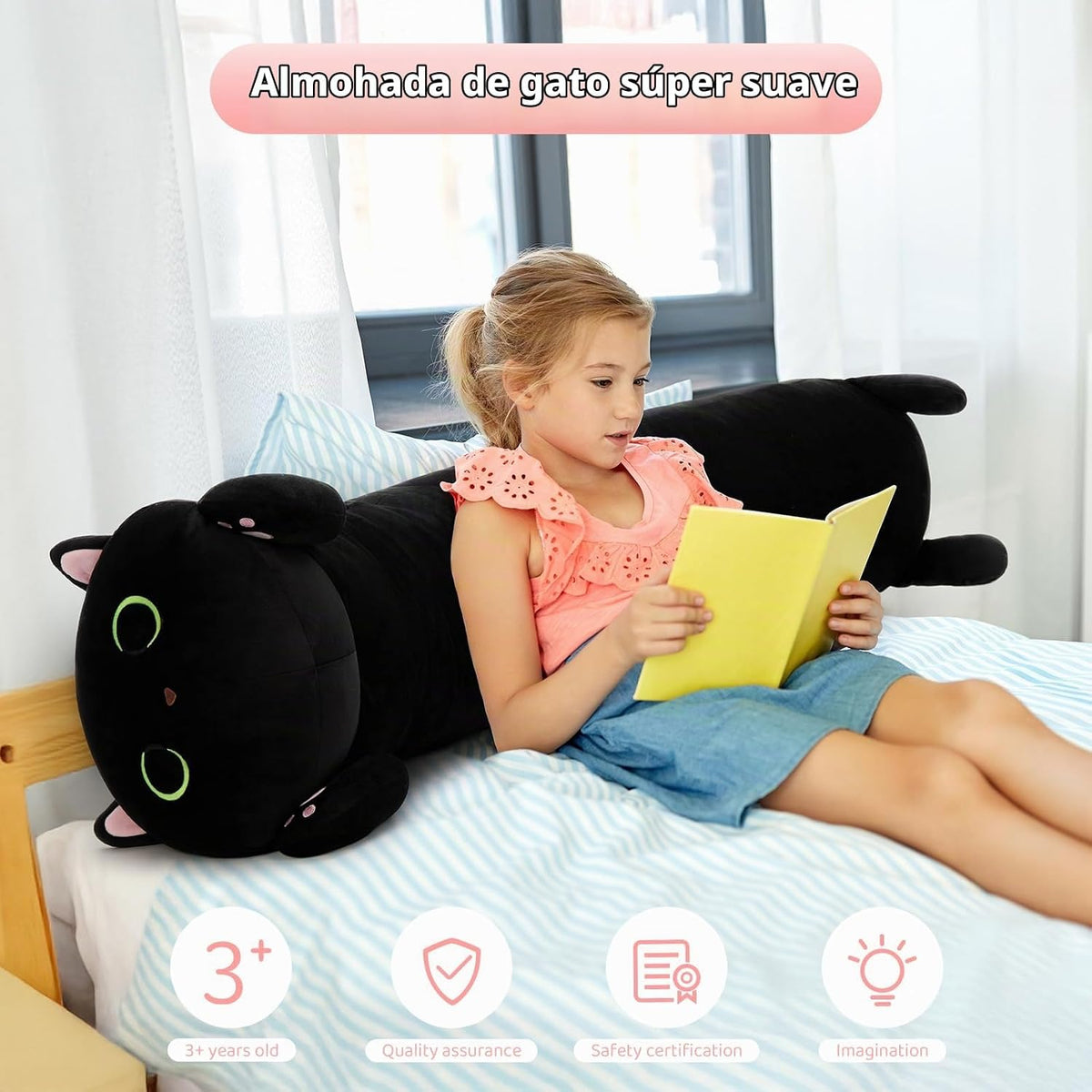 MaoGoLan Almohada corporal de felpa de gato negro, 44 pulgadas, jug...