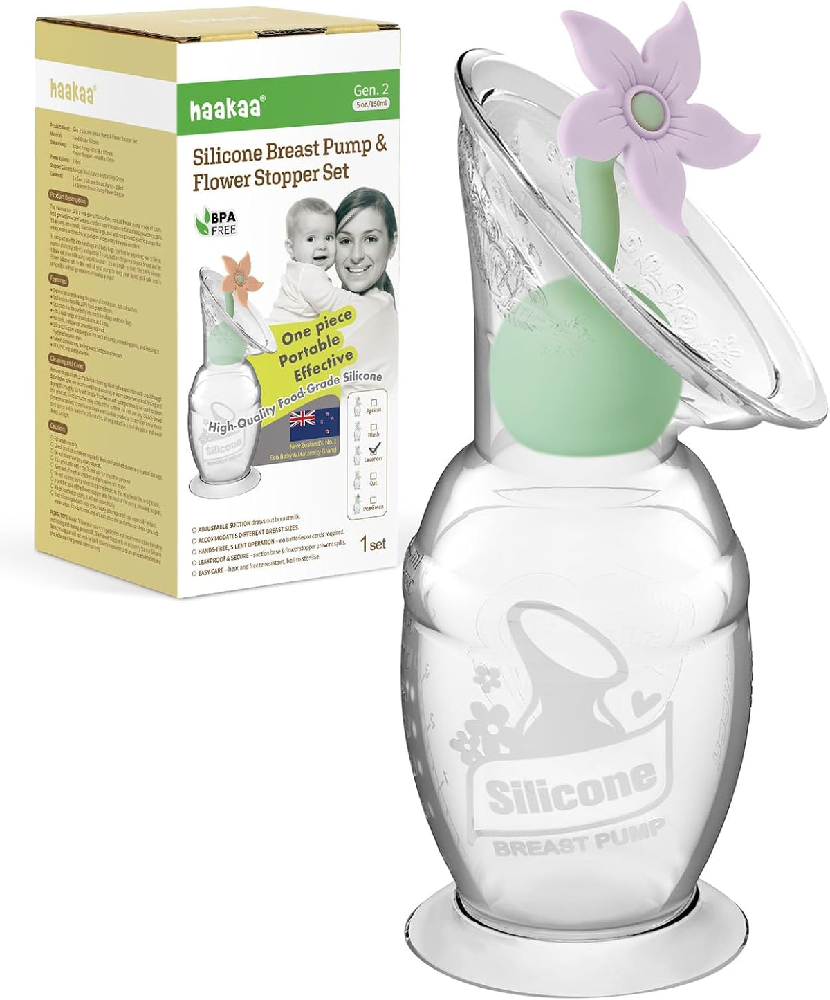 haakaa Extractor de leche manual con juego de tapones de flores, bo...