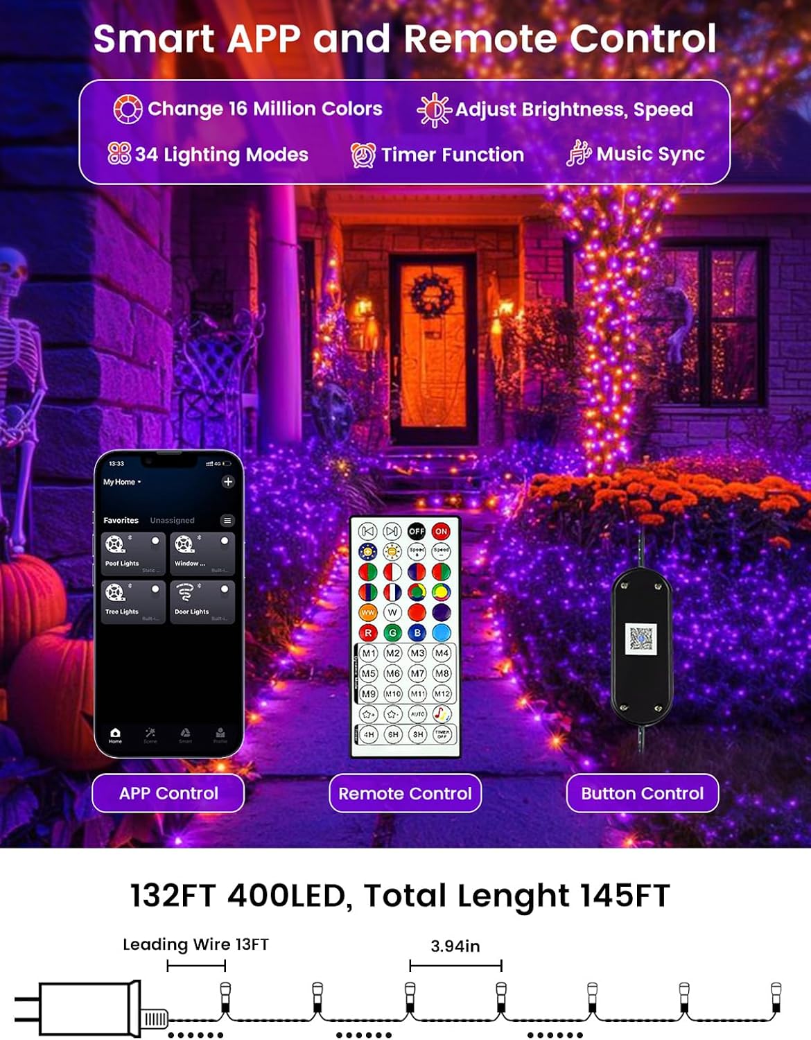 Guirnalda de luces navideñas inteligentes con cambio de color, cont...