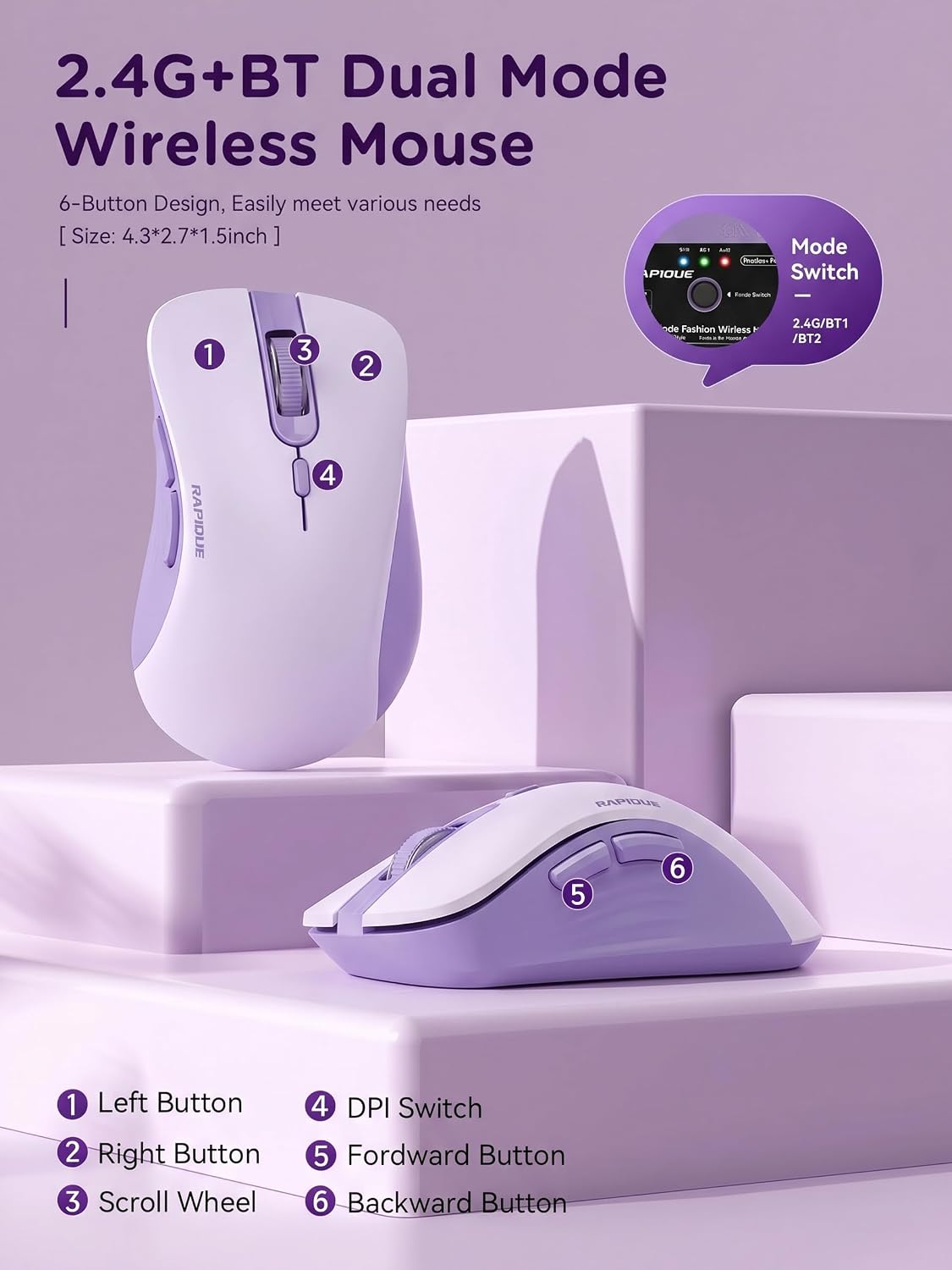 RAPIQUE Ratón inalámbrico Bluetooth, Bluetooth dual y 2.4 GHz, mora...