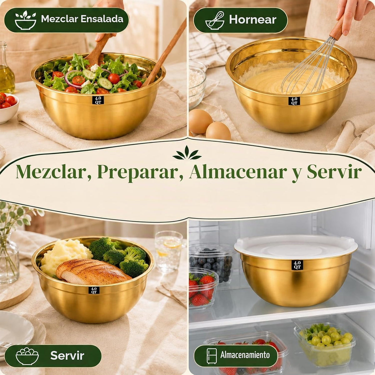 Juego de 5 cuencos de acero inoxidable dorados con tapas blancas, j...