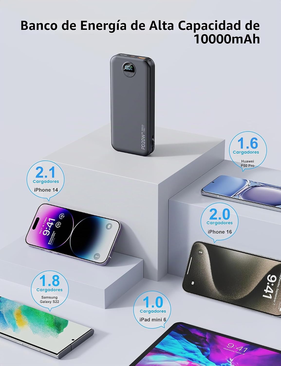 Cargador portátil Power Bank 10000mAh con cables integrados y enchu...