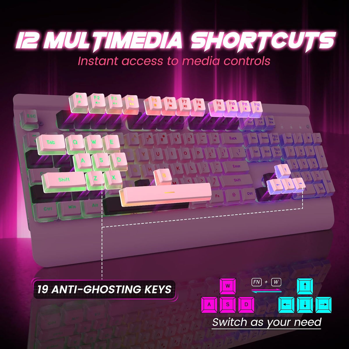 Dacoity Teclado rosa cremoso, panel totalmente metálico de 104 tecl...