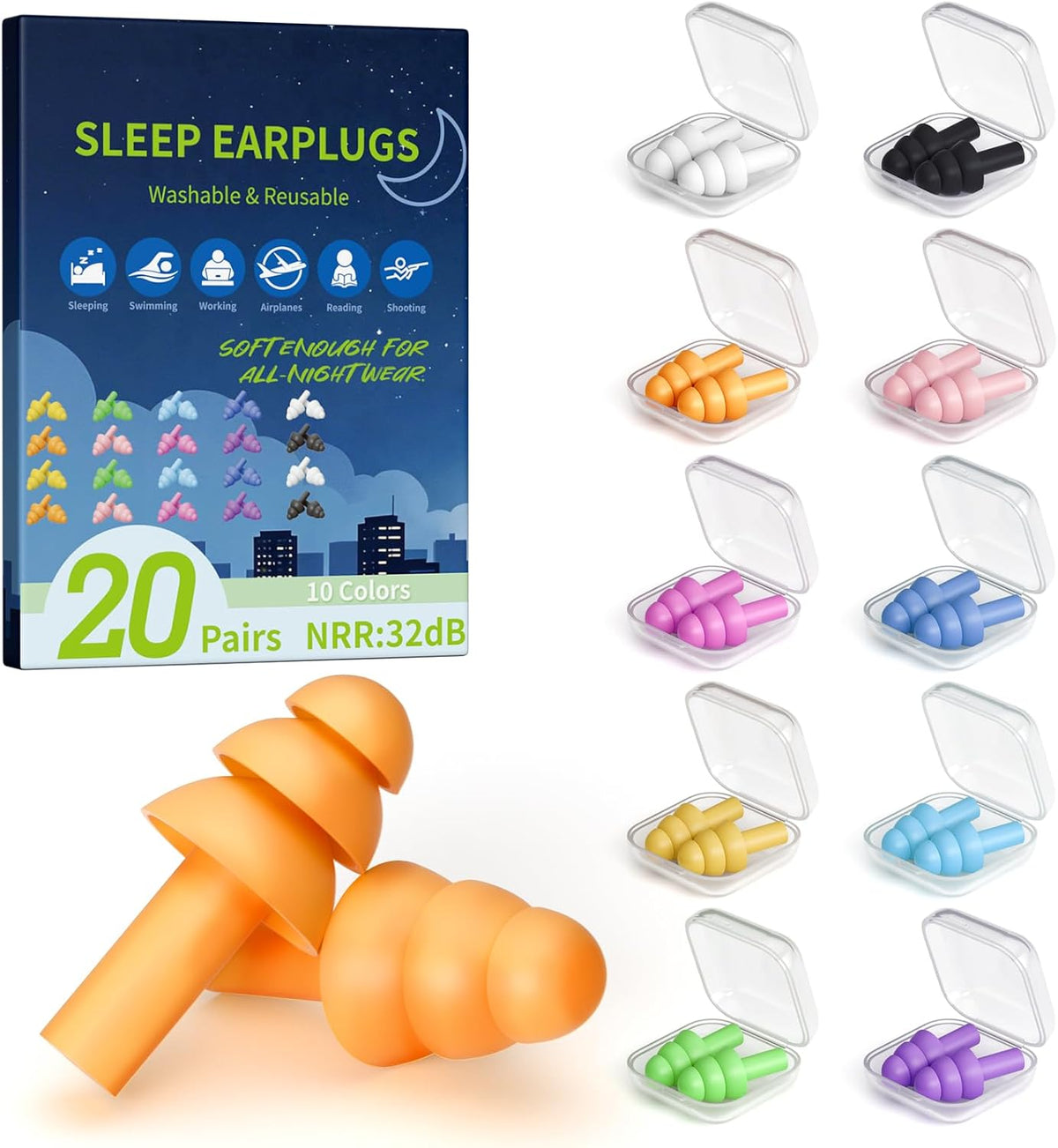 20 pares de tapones para los oídos para dormir, reutilizables de 32...