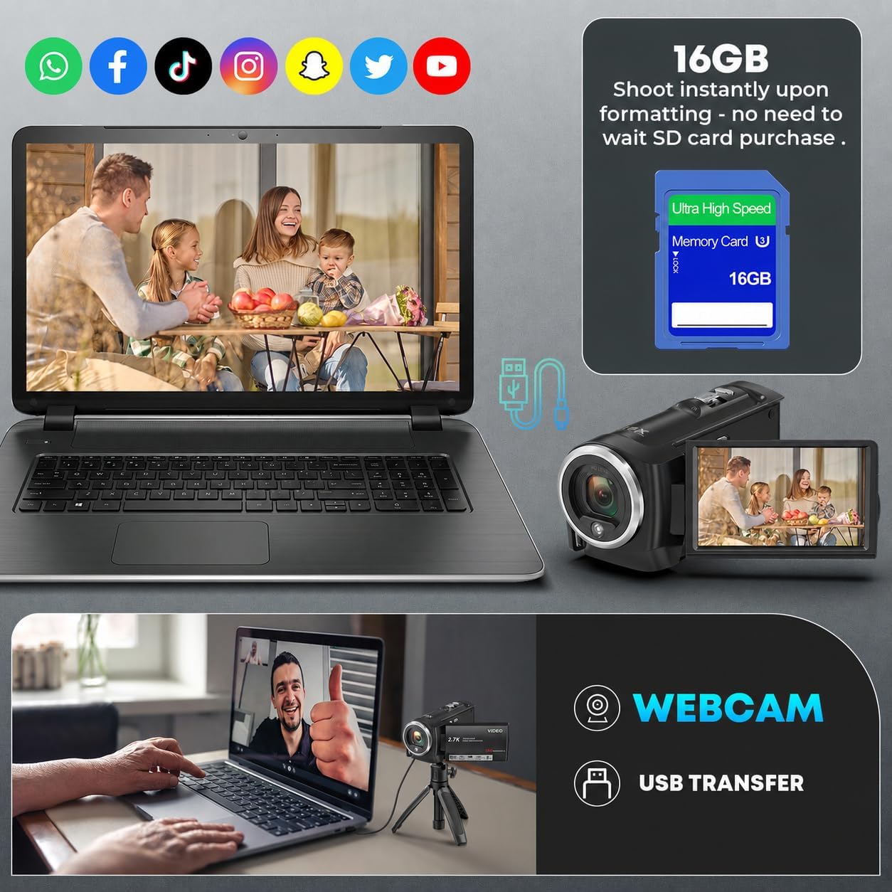 Gcasio Cámara de vídeo 2.7K videocámara QHD 56MP YouTube Vlogging C...