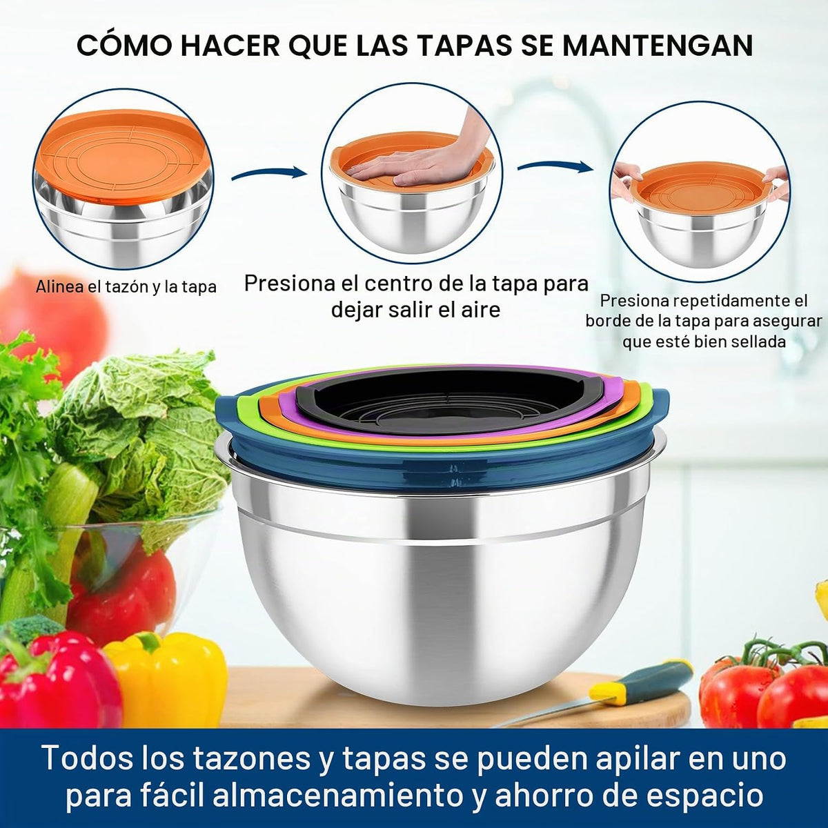 TeamFar - Juego de cuencos para mezclar con tapas, 5 piezas de acer...