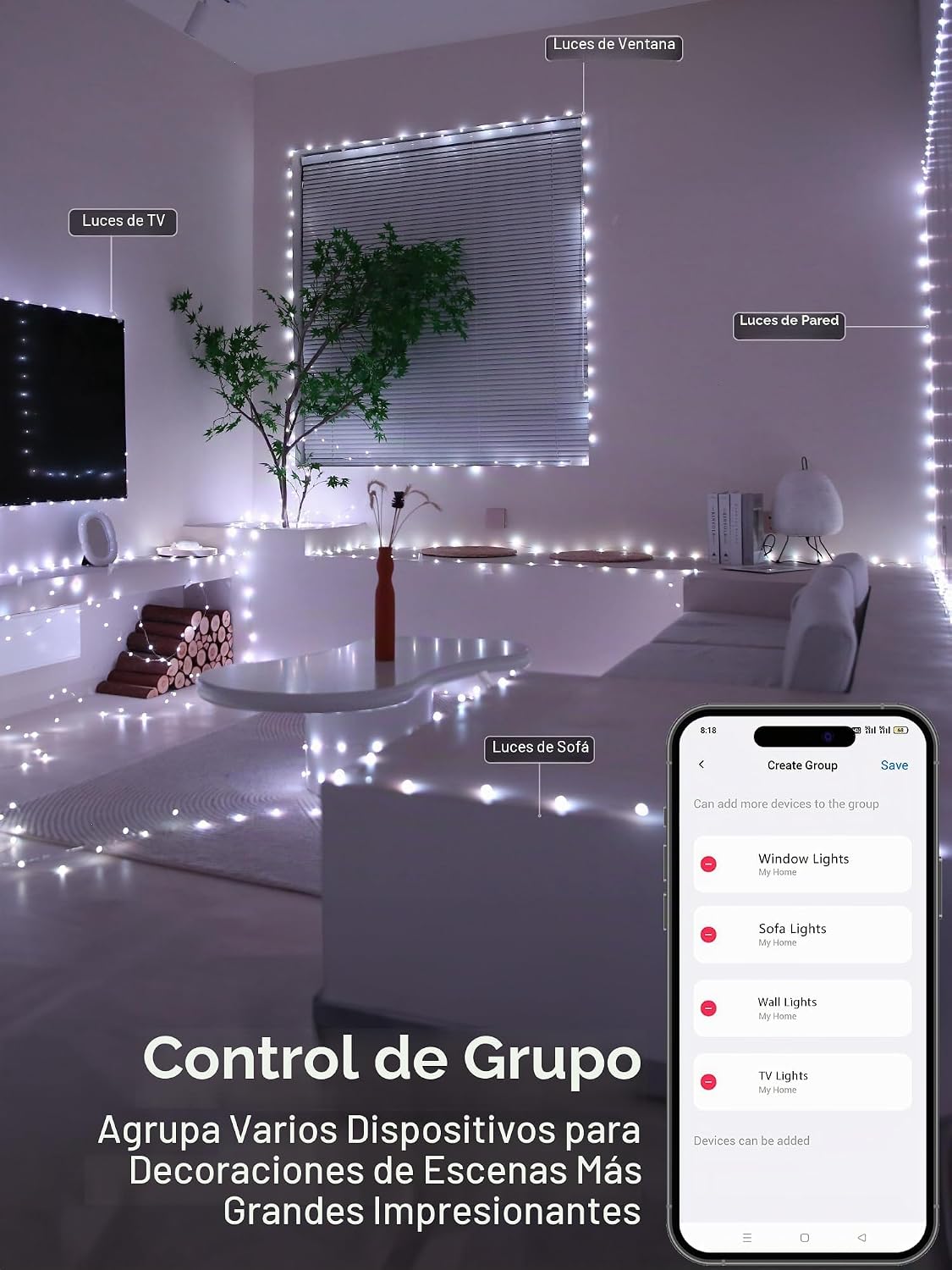 Brizled - Guirnalda de luces inteligentes, 200 luces LED RGB de 66...