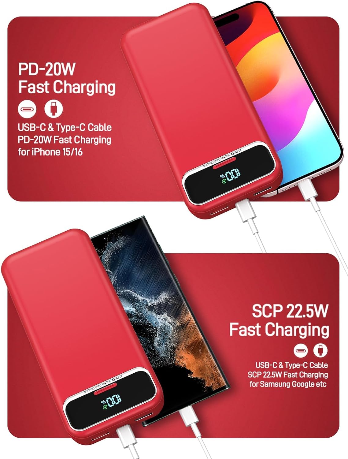 Nusyddy Cargador portátil 20000mAh de carga rápida w\/incorporado e...