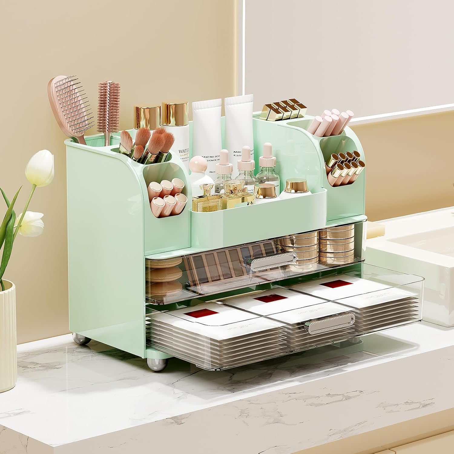 UFORU Organizador de maquillaje para tocador con 2 cajones grandes,...