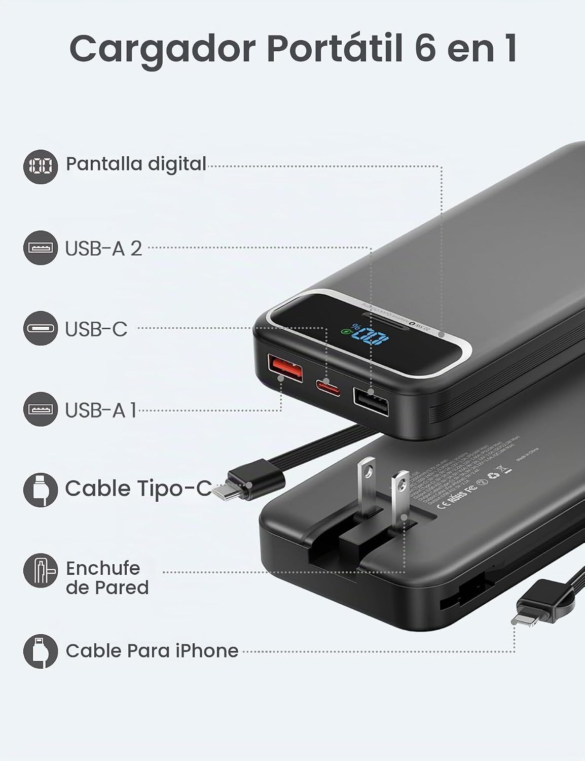aonidi - Cargador portátil de 12000 mAh con cables integrados y enc...