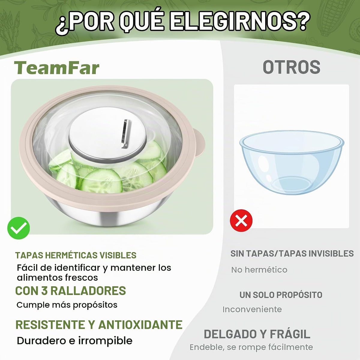 TeamFar Cuencos para mezclar, 3 piezas de cuencos de ensalada de ac...