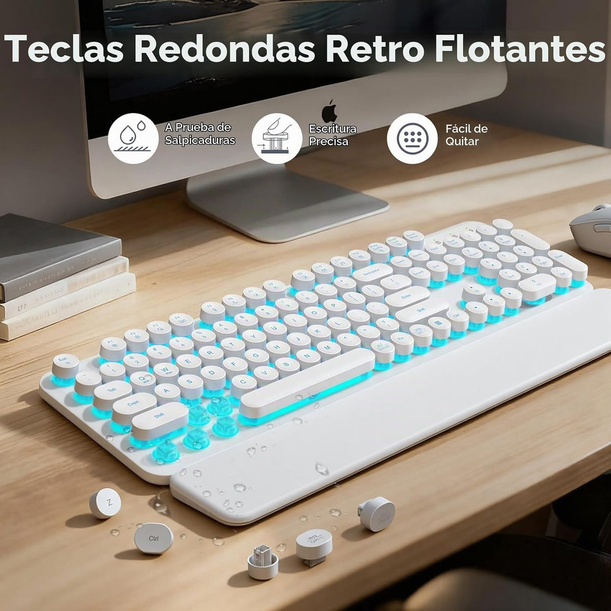 Combo de teclado y ratón inalámbricos, teclas redondas retroilumina...